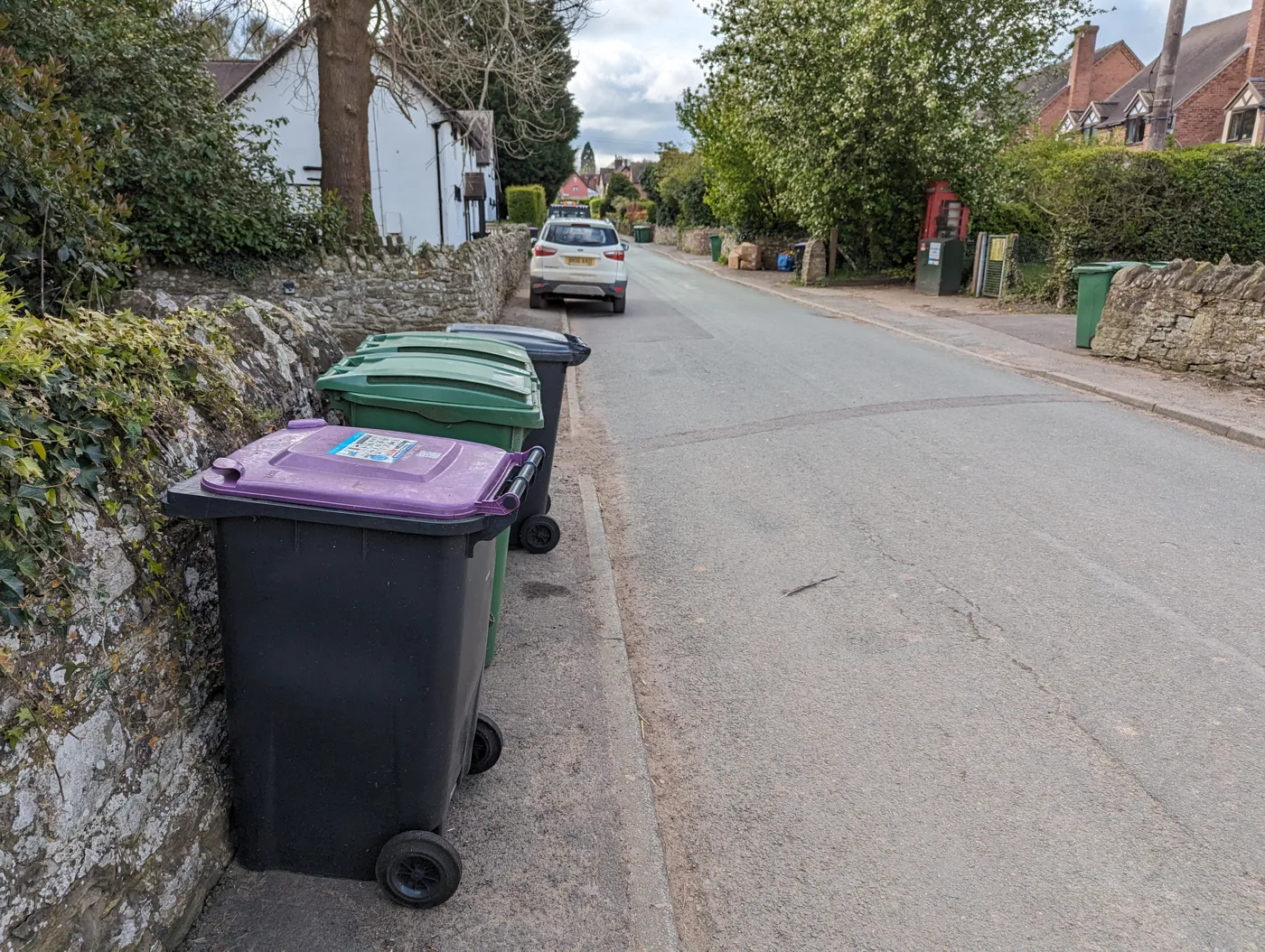 Bins out in Acton Burnell. The purple lid takes mixed packaging, glass and cartons; paper and card go in the blue bag